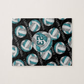 ティール(緑がかった色)グレーの女の子私はバレーボールが大好きパーソナライズされた ジグソーパズル (横)