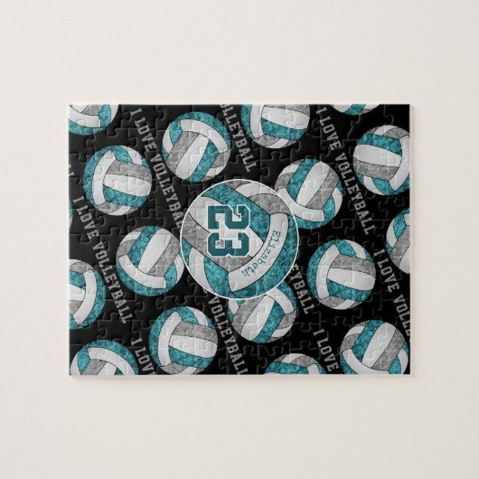 ティール（緑がかった色）グレーの女の子私はバレーボールが大好きパーソナライズされた ジグソーパズル (横)