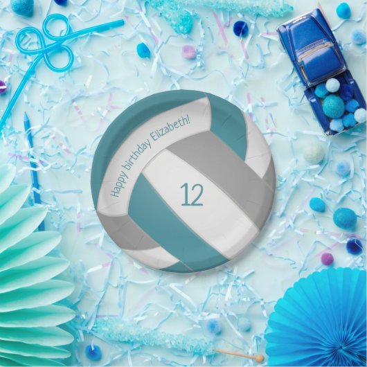 ティール（緑がかった色）グレーの子供10代バレーボールパーティー ペーパープレート (パーティー)