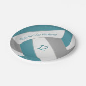 ティール（緑がかった色）グレーの子供10代バレーボールパーティー ペーパープレート (アングル)