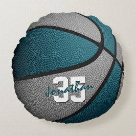 ティール（緑がかった色）グレーの男の子スポーツバスケットボール ラウンドクッション