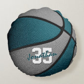 ティール（緑がかった色）グレーの男の子スポーツバスケットボール ラウンドクッション (裏面)