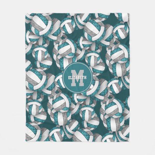 ティール(緑がかった色)グレーガーリースクールチームのカラーバレーボール フリースブランケット (正面)