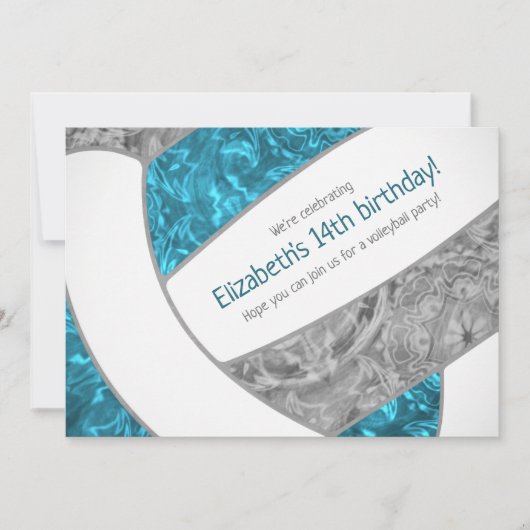 ティール（緑がかった色）グレーガーリーバレーボール誕生日パーティー 招待状 (正面)