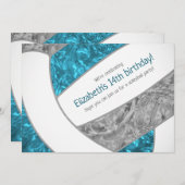 ティール（緑がかった色）グレーガーリーバレーボール誕生日パーティー 招待状 (正面/裏面)