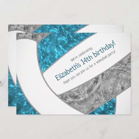 ティール(緑がかった色)グレーガーリーバレーボール誕生日パーティー 招待状 (正面/裏面)