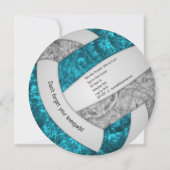 ティール(緑がかった色)グレーガーリーバレーボール誕生日パーティー 案内状 (裏面)