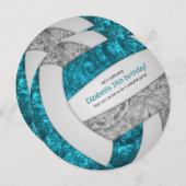 ティール(緑がかった色)グレーガーリーバレーボール誕生日パーティー 案内状 (正面/裏面)