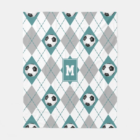 ティール(緑がかった色)グレーサッカーチームのカラーパタアーガイルーン フリースブランケット (正面)