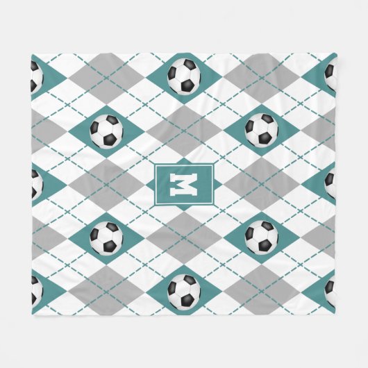 ティール(緑がかった色)グレーサッカーチームのカラーパタアーガイルーン フリースブランケット (正面(横))