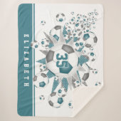 ティール(緑がかった色)グレーサッカーボールが女の子スポーツルームをスター シェルパブランケット (正面)