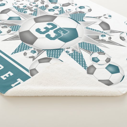 ティール(緑がかった色)グレーサッカーボールが女の子スポーツルームをスター シェルパブランケット (3/4)