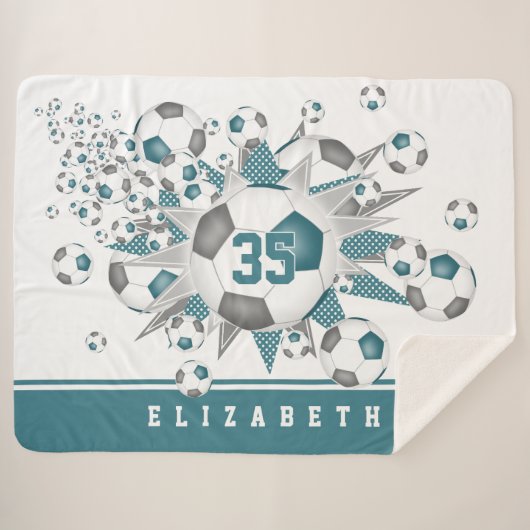 ティール(緑がかった色)グレーサッカーボールが女の子スポーツルームをスター シェルパブランケット (正面(横))