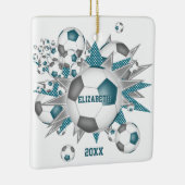 ティール(緑がかった色)グレーサッカーボール吹出し女の子スポーツ セラミックオーナメント (右)