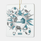 ティール(緑がかった色)グレーサッカーボール吹出し女の子スポーツ セラミックオーナメント (左)