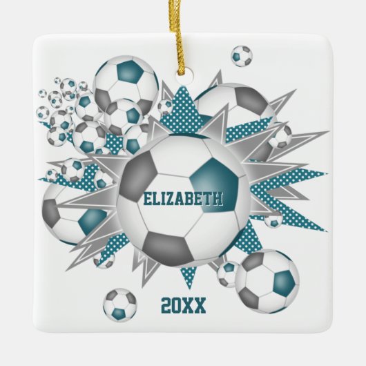 ティール(緑がかった色)グレーサッカーボール吹出し女の子スポーツ セラミックオーナメント (正面)