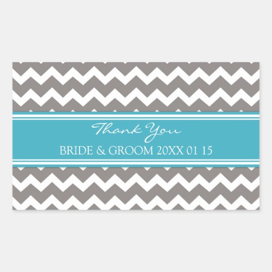 ティール（緑がかった色）グレーシェブロンサンキュー結婚式の引き出物ラベル 長方形シール (正面)