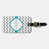 ティール（緑がかった色）グレーシェブロンパターン&モロッコクローバー ラゲッジタグ (正面横)