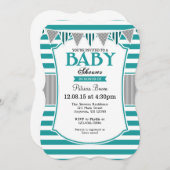 ティール(緑がかった色)グレーストライプベビーシャワー招待状 招待状 (正面/裏面)