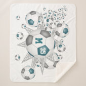 ティール(緑がかった色)グレースポーツデコールサッカーボールのパンク シェルパブランケット (正面)