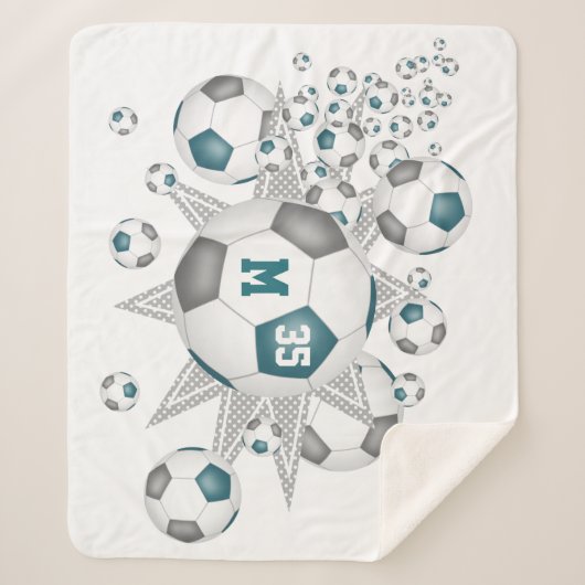 ティール(緑がかった色)グレースポーツデコールサッカーボールのパンク シェルパブランケット (正面)
