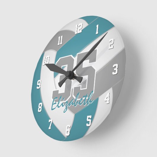 ティール（緑がかった色）グレースポーティパーソナライズされたバレーボール ラウンド壁時計 (傾斜)
