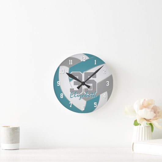 ティール（緑がかった色）グレースポーティパーソナライズされたバレーボール ラウンド壁時計 (ホーム)