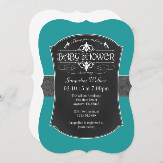ティール(緑がかった色)グレーチャルクボードベビーシャワー招待状 招待状 (正面/裏面)