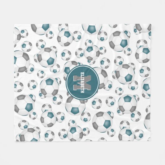 ティール(緑がかった色)グレーチームカラーガールズボーイズサッカーボール フリースブランケット (正面(横))