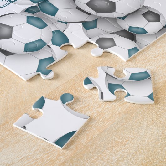 ティール（緑がかった色）グレーチームカラーガールズボーイズサッカー ジグソーパズル (側面)