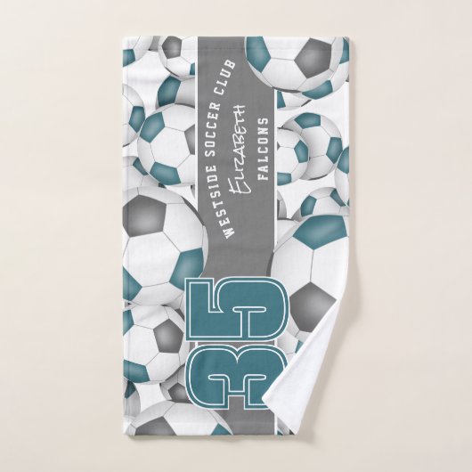 ティール（緑がかった色）グレーチームカラーサッカーボールの多くのスポーツ バスタオルセット (ハンドタオル)