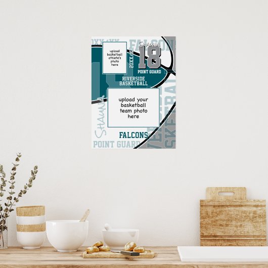 ティール(緑がかった色)グレーチームカラーバスケットボールチームフォト ポスター (キッチン)