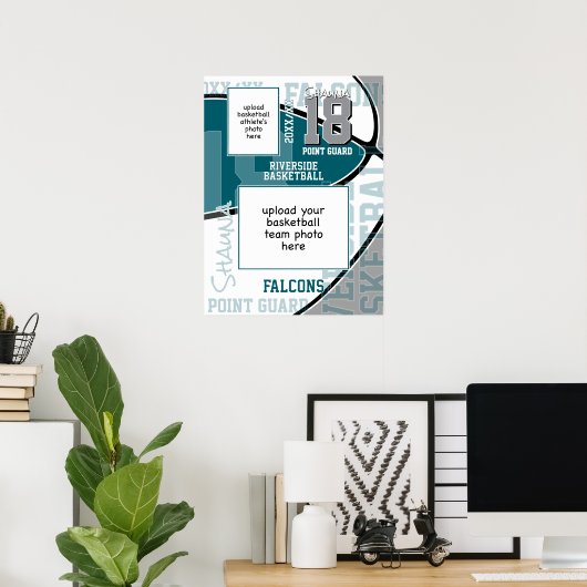 ティール(緑がかった色)グレーチームカラーバスケットボールチームフォト ポスター (ホームオフィス)