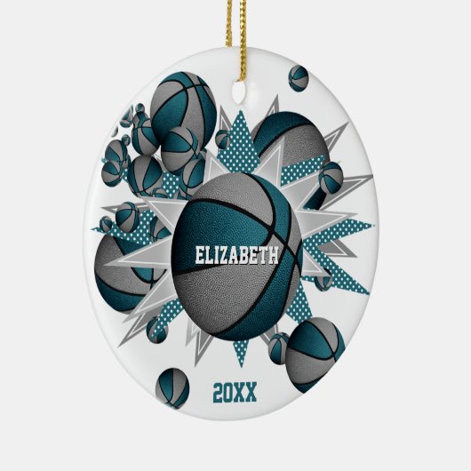 ティール(緑がかった色)グレーバスケットボールパンアウトガールズスポーツ セラミックオーナメント (右)
