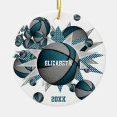 ティール（緑がかった色）グレーバスケットボールパンアウトガールズスポーツ セラミックオーナメント (正面)