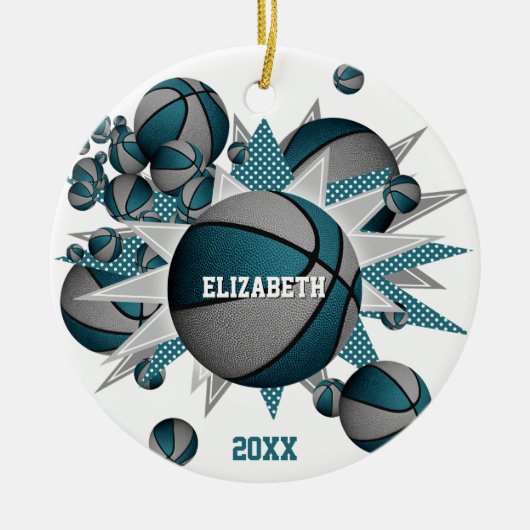 ティール(緑がかった色)グレーバスケットボールパンアウトガールズスポーツ セラミックオーナメント (正面)