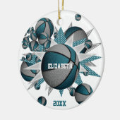 ティール（緑がかった色）グレーバスケットボールパンアウトガールズスポーツ セラミックオーナメント (左)