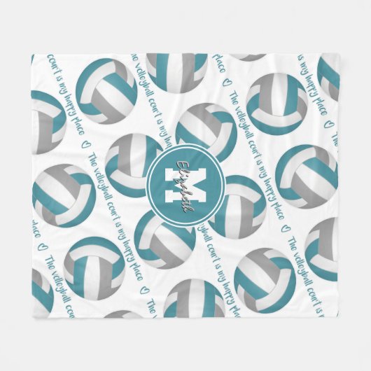 ティール(緑がかった色)グレーバレーボールのコートは私の幸せな場所である フリースブランケット (正面(横))