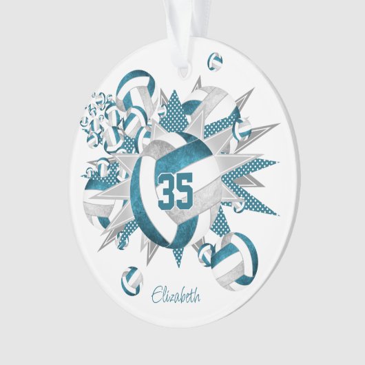 ティール（緑がかった色）グレーバレーボールのスター女の子の名前キープサク オーナメント (正面)