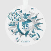 ティール(緑がかった色)グレーバレーボールのスター女の子の名前キープサク オーナメント (正面)