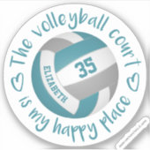 ティール(緑がかった色)グレーバレーボールコート私の幸せな場所 シール (正面)