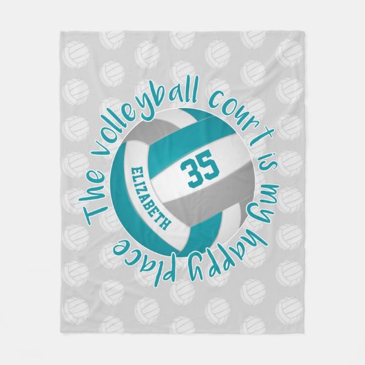 ティール(緑がかった色)グレーバレーボールコート私の幸せな場所 フリースブランケット (正面)