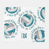 ティール（緑がかった色）グレーバレーボールコートhappy placeタイポグラフィ フリースブランケット (正面(横))