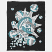 ティール(緑がかった色)グレーバレーボール吹き出し女の子スポーツルーム フリースブランケット (正面)