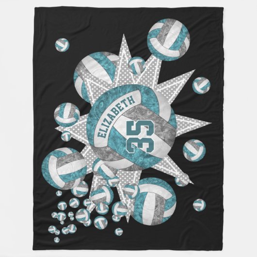 ティール(緑がかった色)グレーバレーボール吹き出し女の子スポーツルーム フリースブランケット (正面)