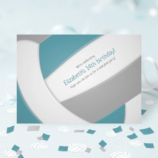 ティール（緑がかった色）グレーバレーボール子供の誕生日チームパーティー 招待状