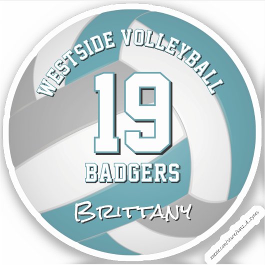 ティール（緑がかった色）グレーバレーボール選手の女の子の男の子チームのギフト シール (正面)