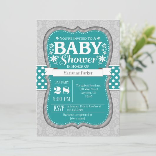 ティール(緑がかった色)グレーフラワーフローラベビーシャワー招待状 招待状 (スタンド正面)