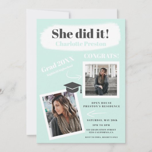 ティール（緑がかった色）グレーブモダンラシストローク卒業2枚 招待状 (正面)