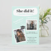 ティール（緑がかった色）グレーブモダンラシストローク卒業2枚 招待状 (スタンド正面)